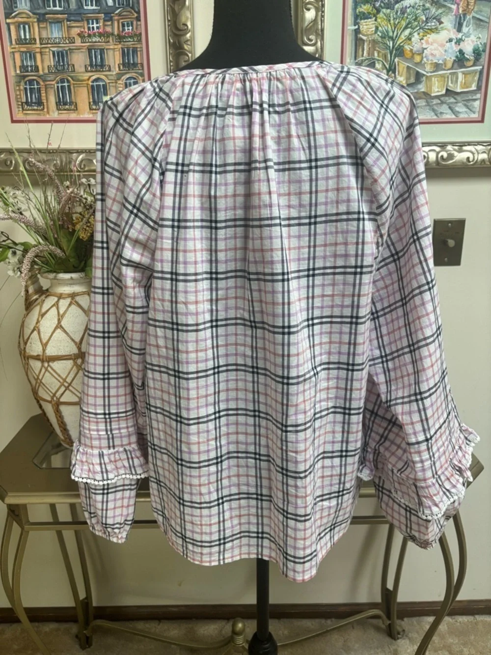 J. Crew Cotton Pink & Navy Plaid Ruffle Lace Trim Peasant Boho Top Blouse Sz L